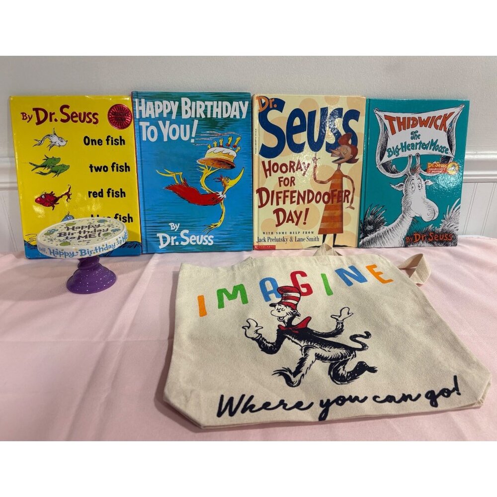 Dr. Seuss Birthday Set 4 Books & "Imagine" Canvas Tote Bag and Cake Holder Gift